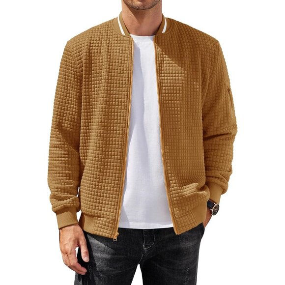 Men's Sweatshirt Bomber Jacket Light Brown Casual Zip Waffle Knit Lightweight
